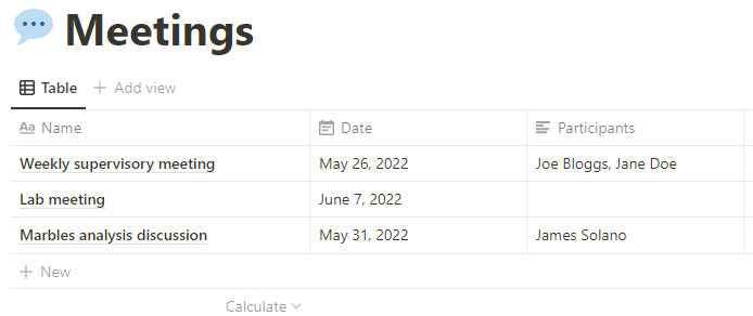 Screenshot of the Meetings database