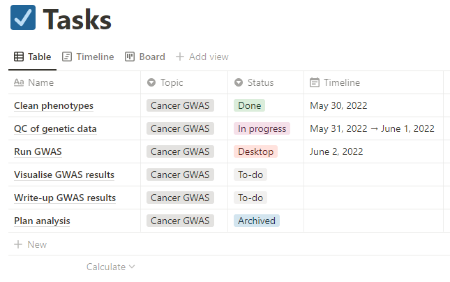 Screenshot of the Tasks database.