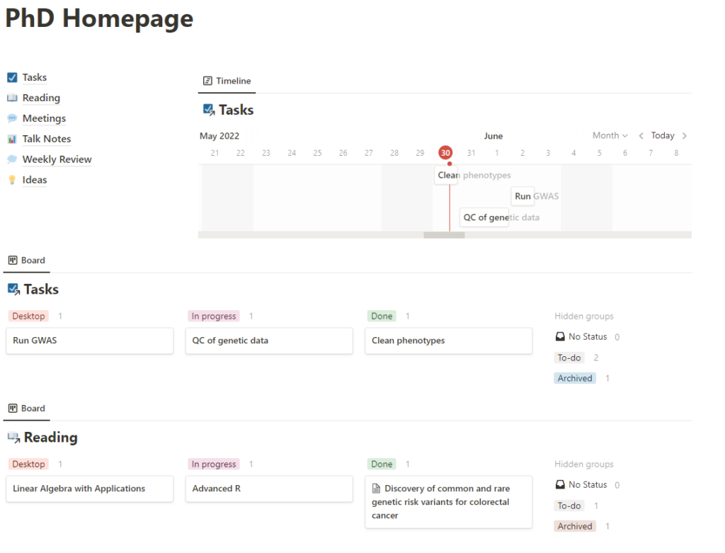 A screenshot of the Notion PhD template homepage