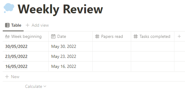 Screenshot of the Weekly Review database